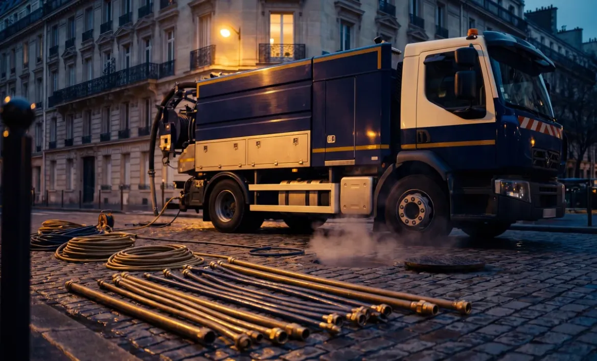 Camion d'hydrocurage haute pression EREM intervenant sur l'assainissement dans le Val-d'Oise